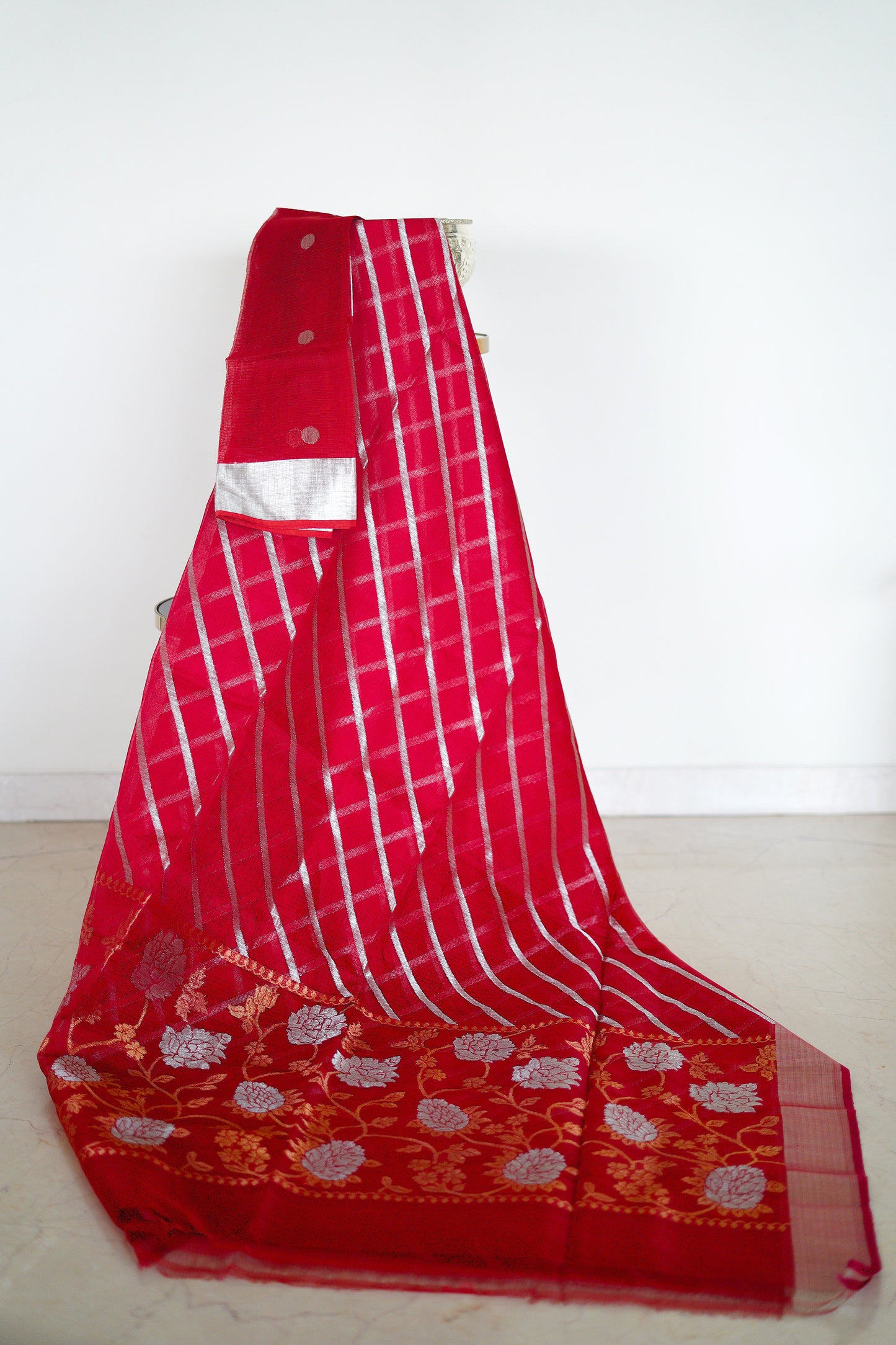 Sindoori Red Floral Jaal Saree with Leheriya Palu