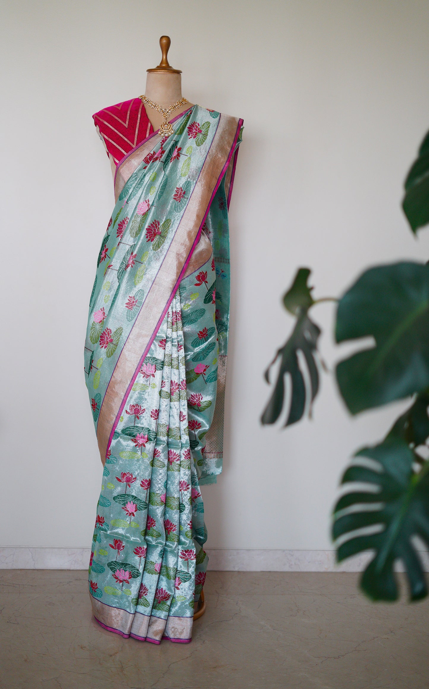 Pichwai Lotus Motif Jaal in A Double Tissue Saree