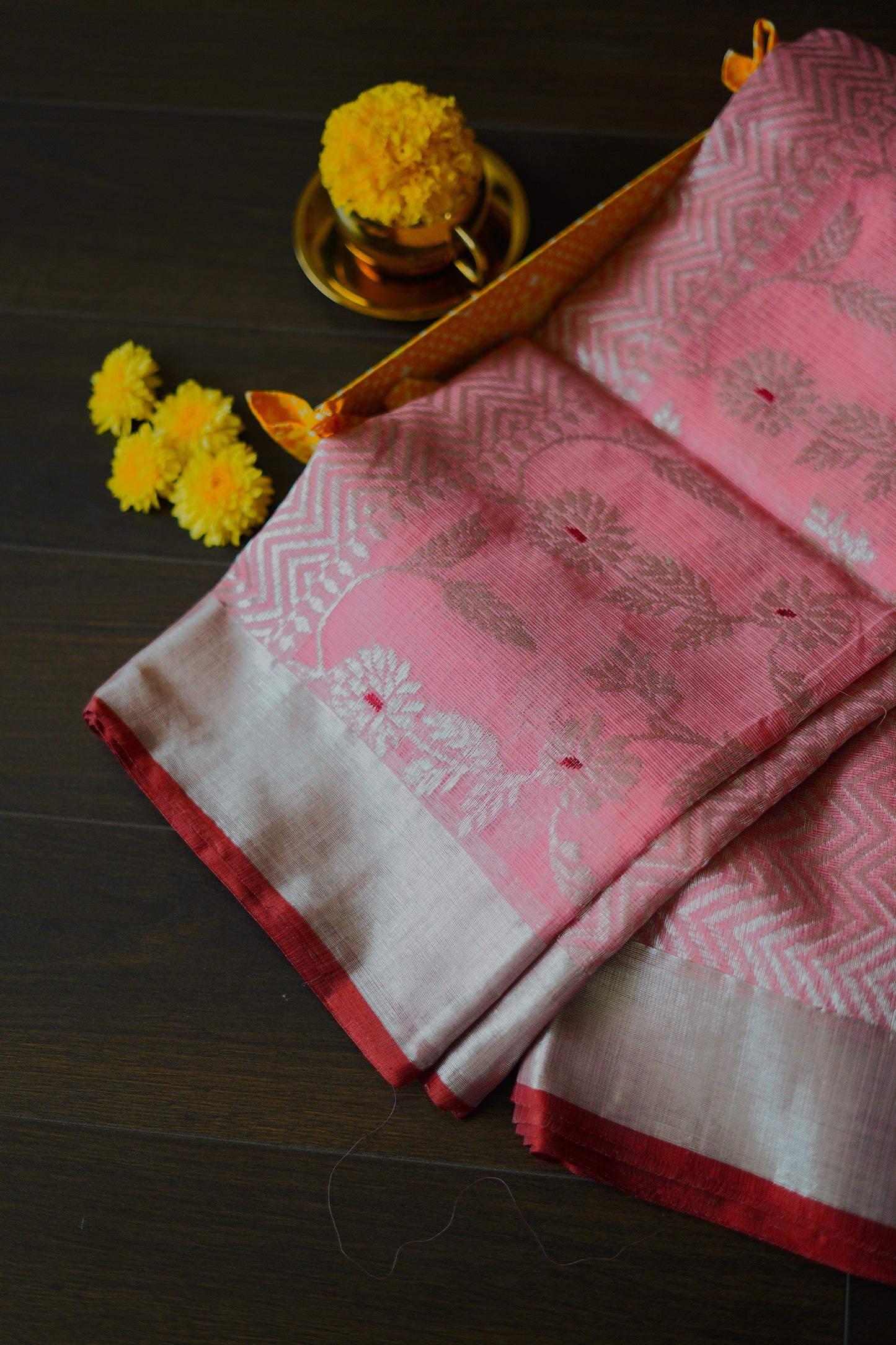 Rose Gold Pink Floral Jaal Saree with Red Salvage