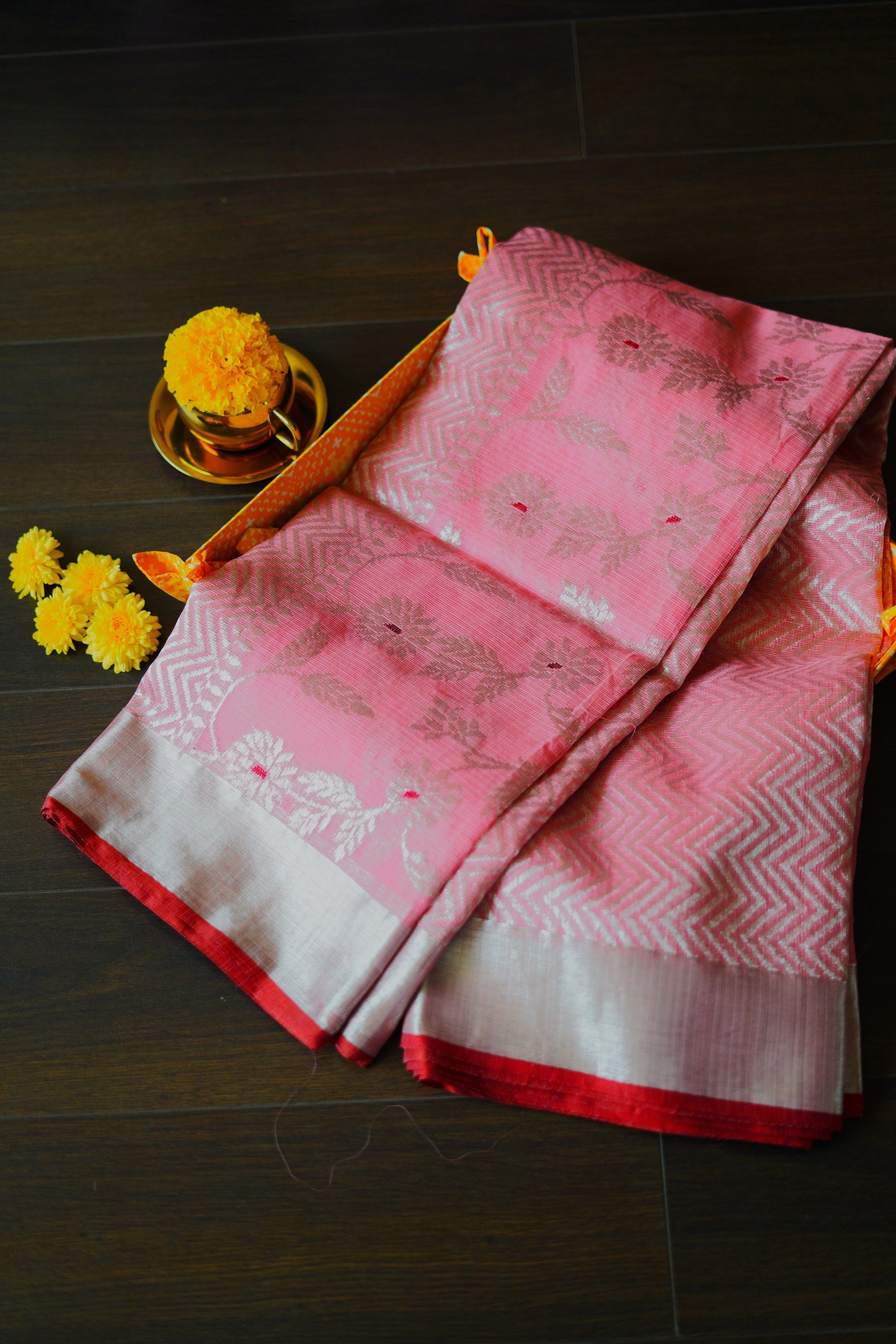 Rose Gold Pink Floral Jaal Saree with Red Salvage