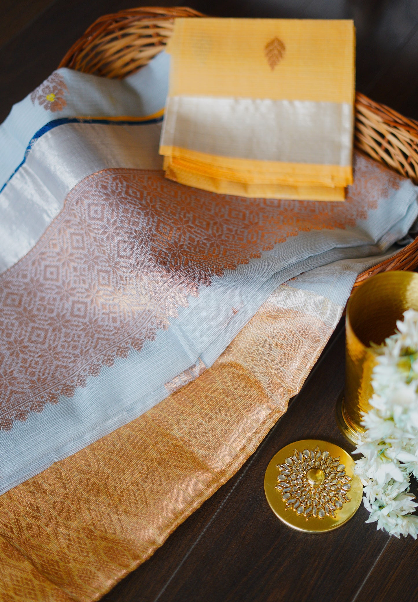 Blue Tissue Saree with Yellow Border