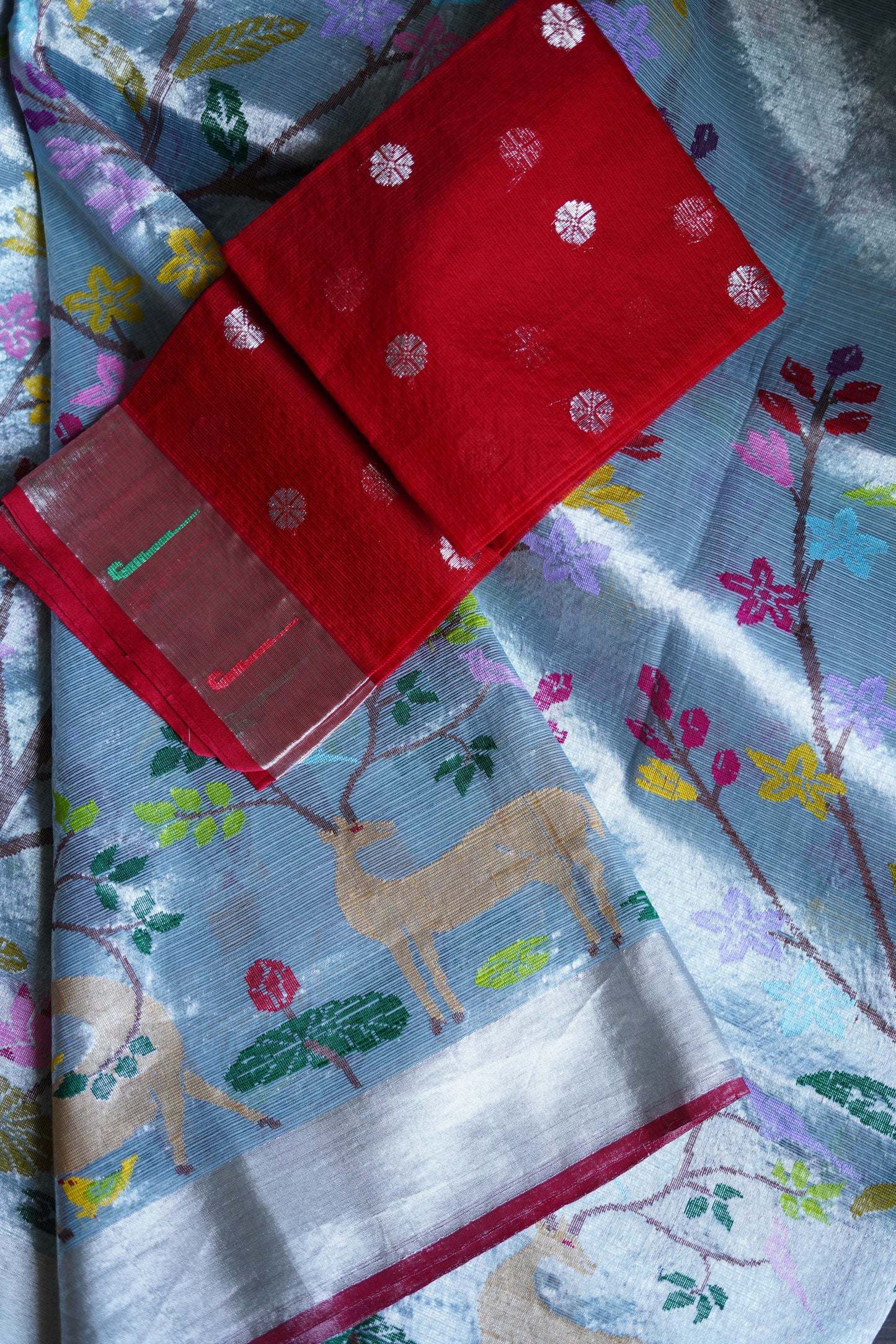 Ash Blue Saree With Paithani Jaal