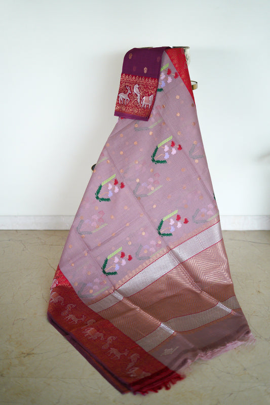 Onion Pink Kanchi Border Saree with Floral Motif