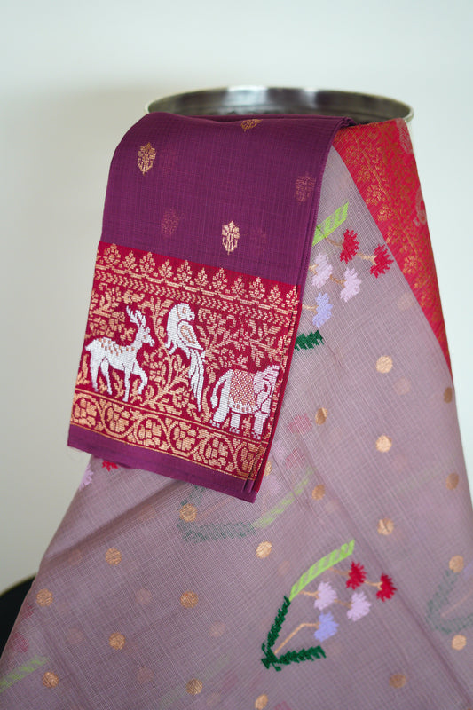 Onion Pink Kanchi Border Saree with Floral Motif