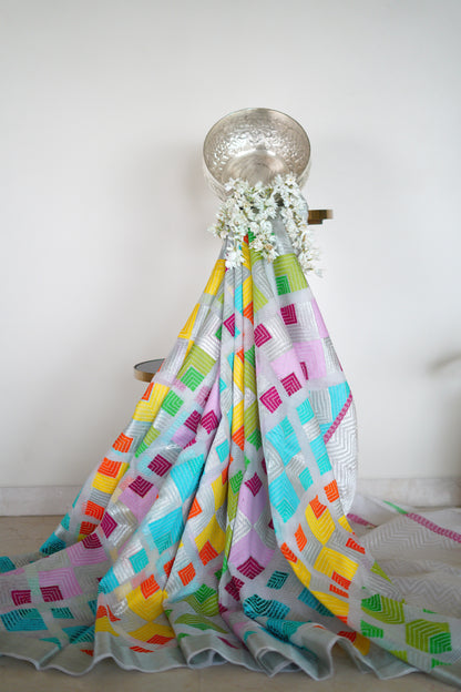 off White Phulkari Design in Multicolour