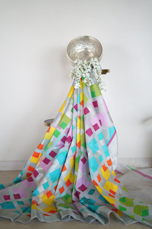 off White Phulkari Design in Multicolour