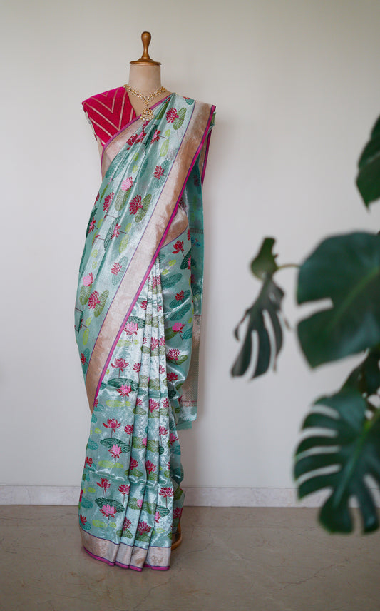 Pichwai Lotus Motif Jaal in A Double Tissue Saree