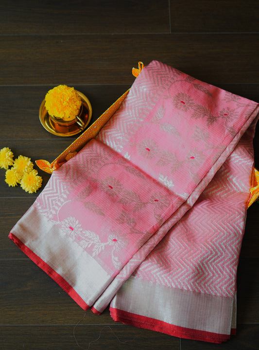 Rose Gold Pink Floral Jaal Saree with Red Salvage
