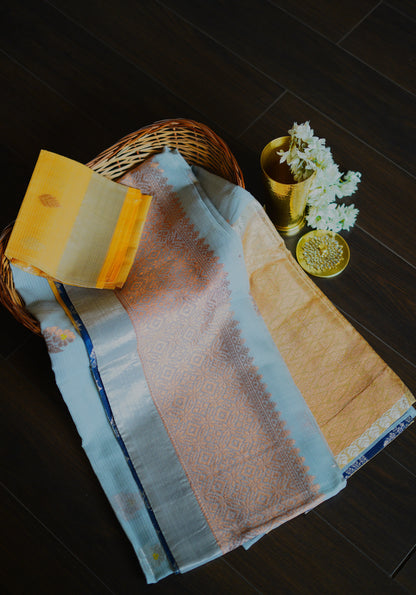 Blue Tissue Saree with Yellow Border