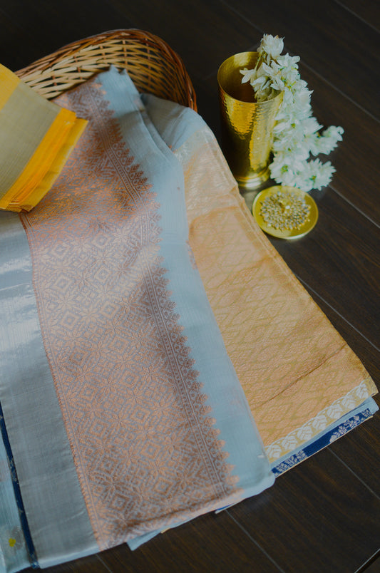 Blue Tissue Saree with Yellow Border