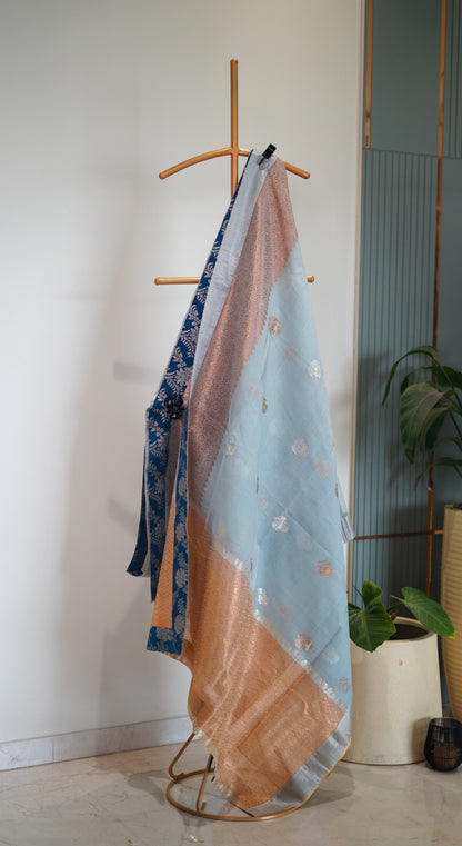 Blue Tissue Saree with Yellow Border