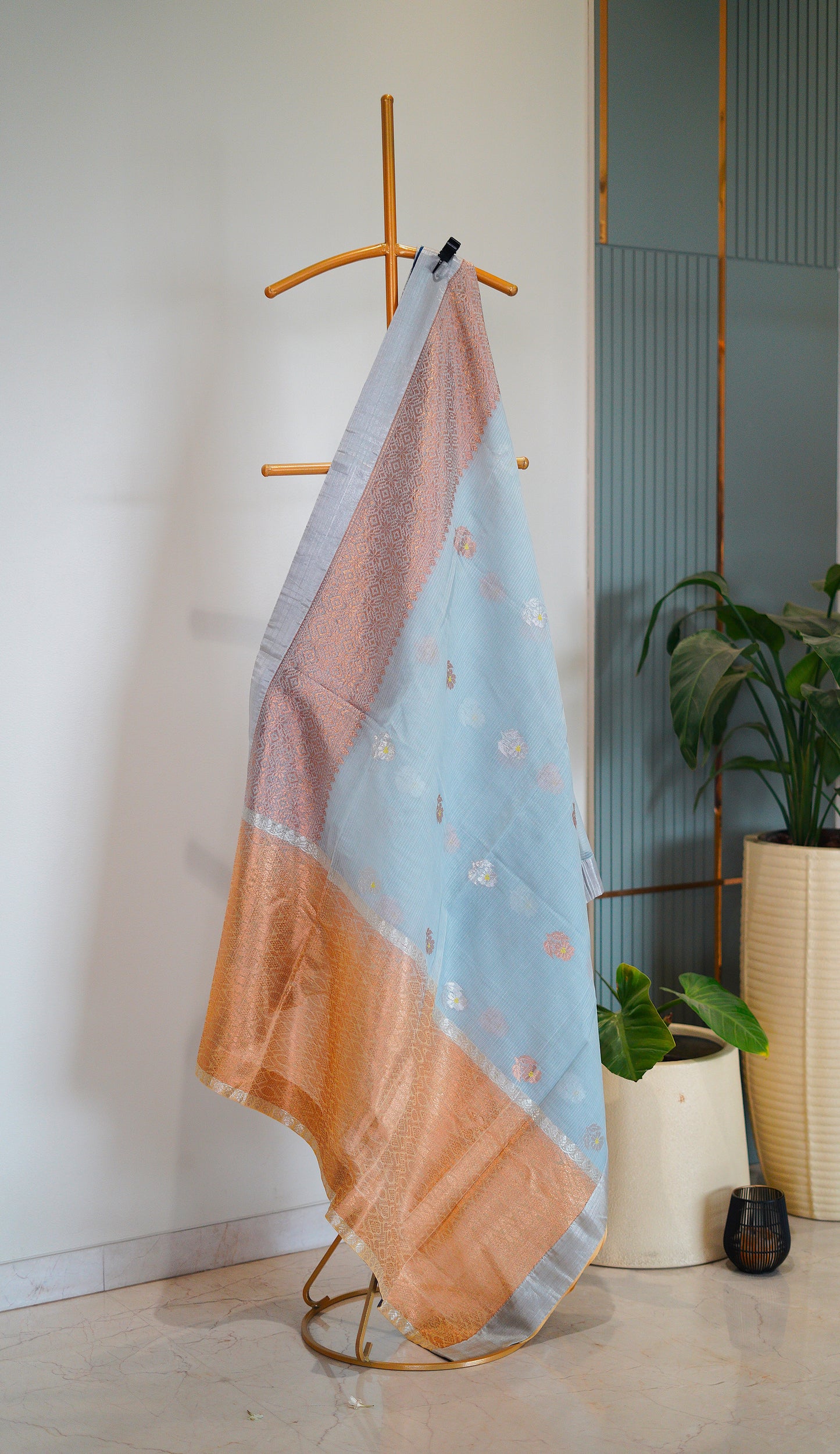 Blue Tissue Saree with Yellow Border