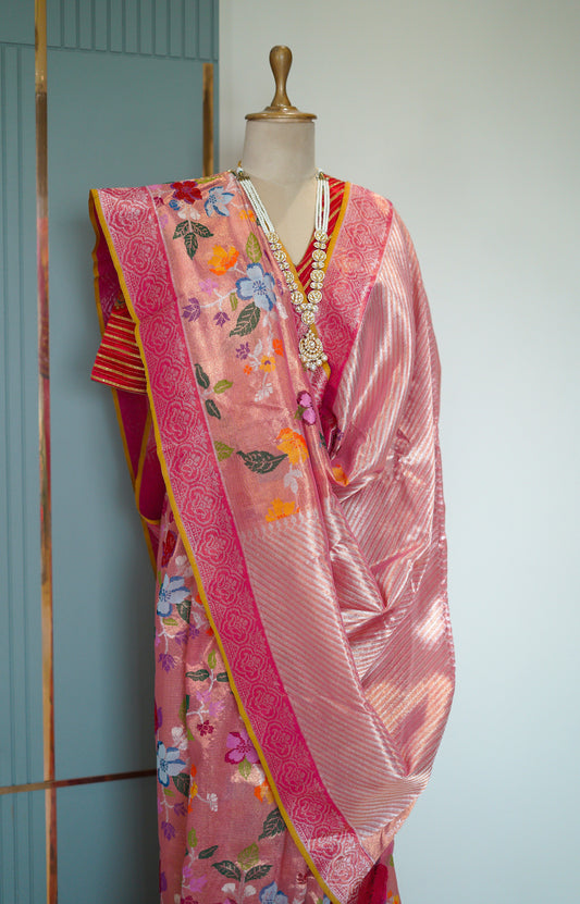 Double Tissue Floral Jaal with A Jaquard Border