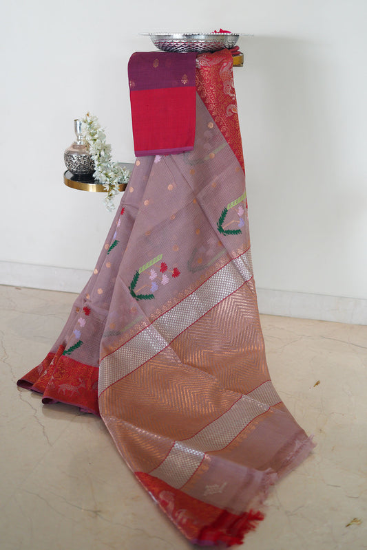 Onion Pink Kanchi Border Saree with Floral Motif