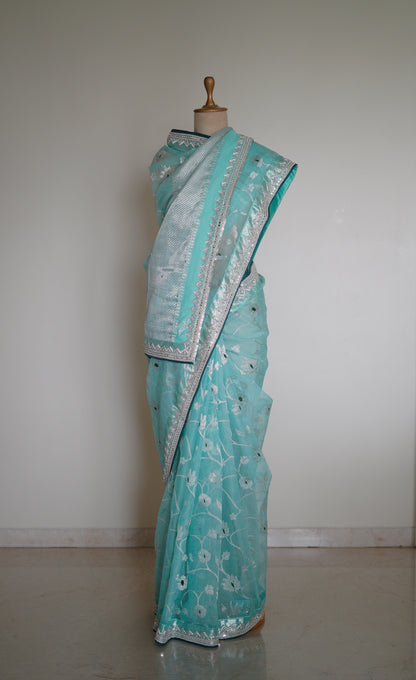 Blue Saree Blooms with A Chevron Border