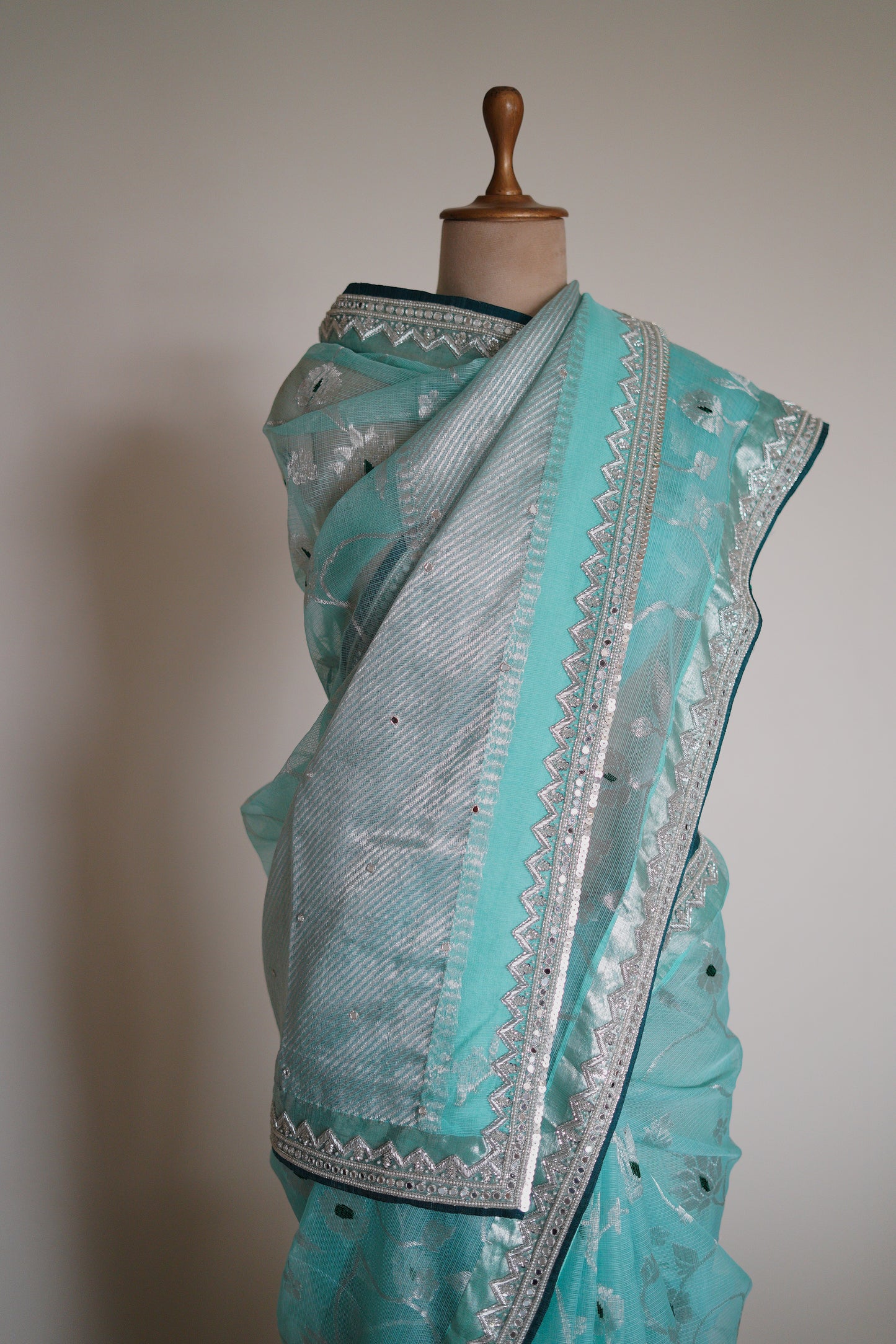 Blue Saree Blooms with A Chevron Border
