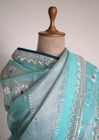 Blue Saree Blooms with A Chevron Border