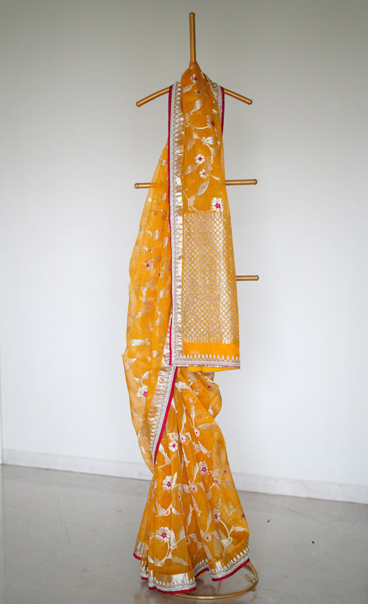 Beautiful Mango Yellow Saree in Floral Jaal