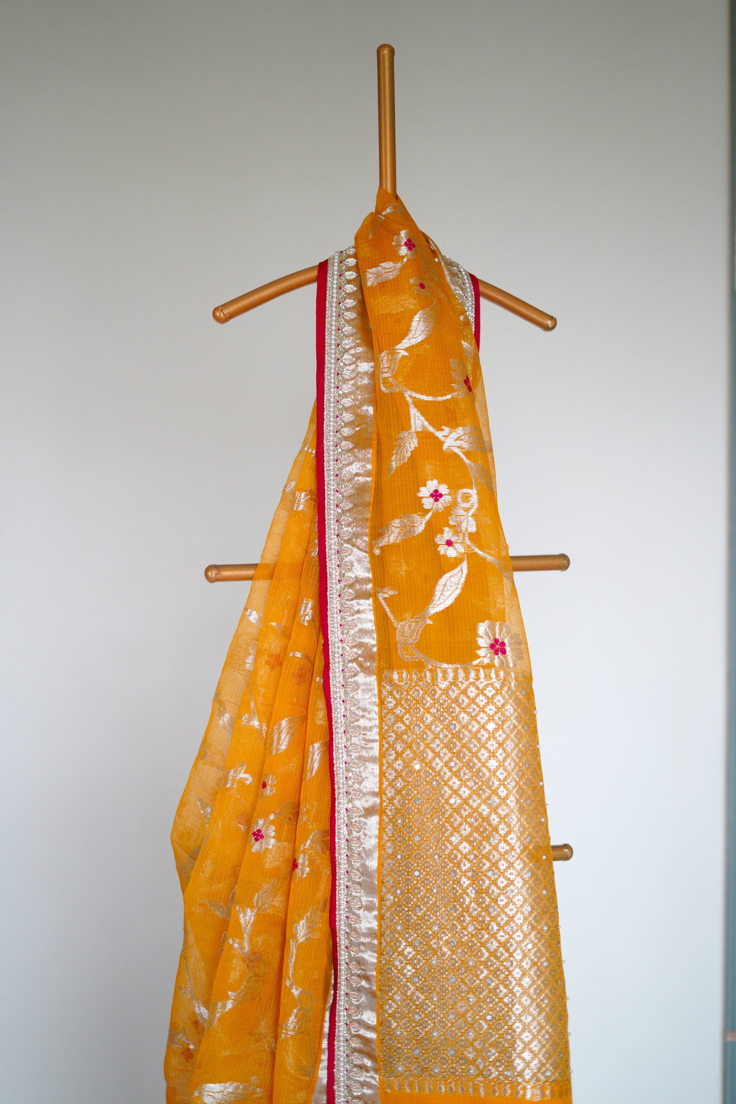 Beautiful Mango Yellow Saree in Floral Jaal