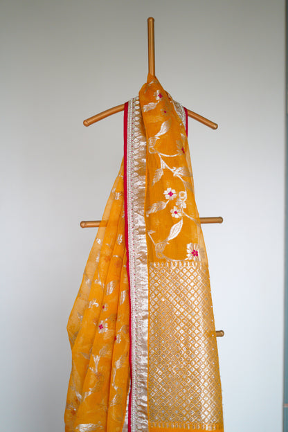 Beautiful Mango Yellow Saree in Floral Jaal