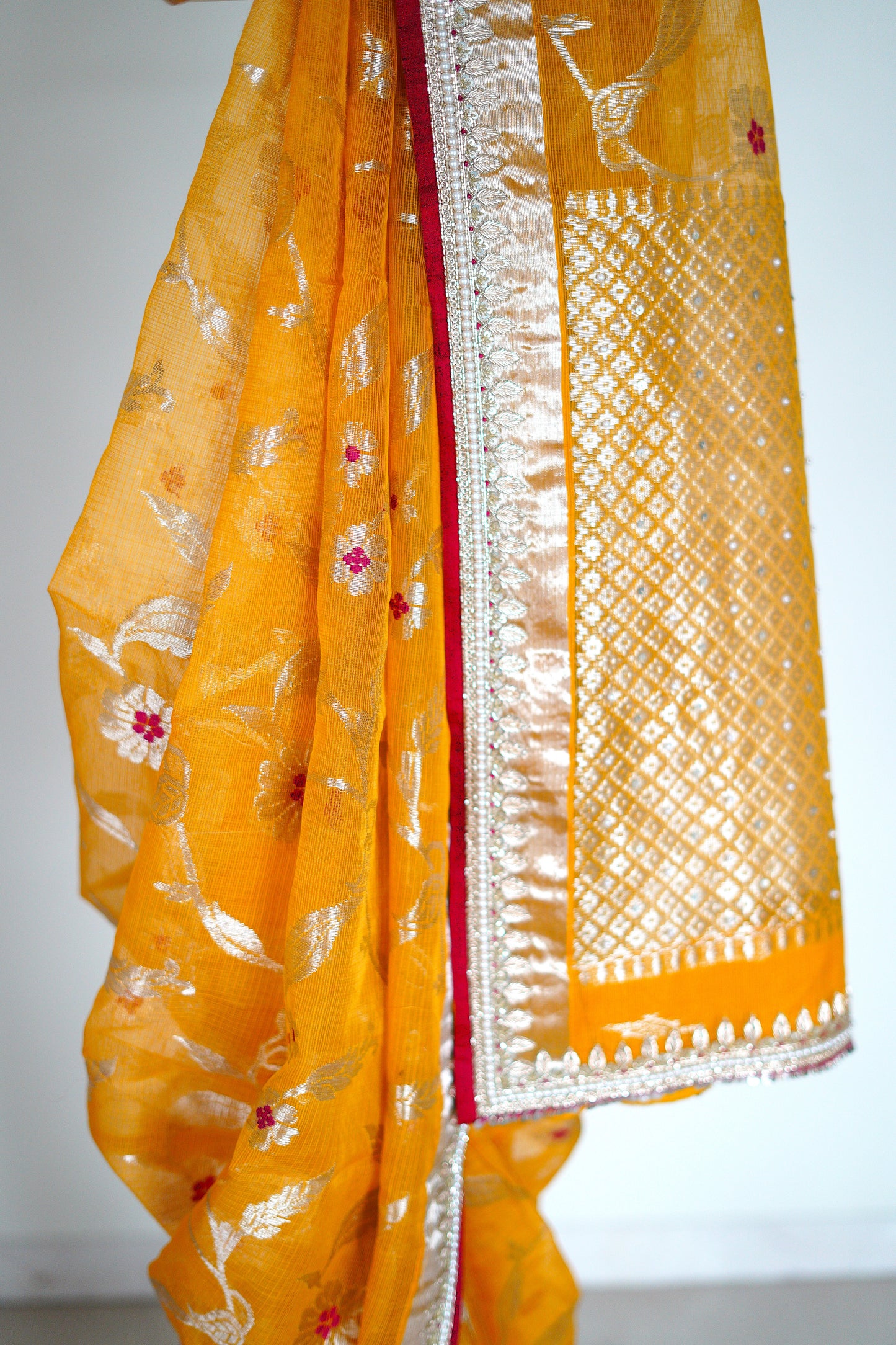 Beautiful Mango Yellow Saree in Floral Jaal