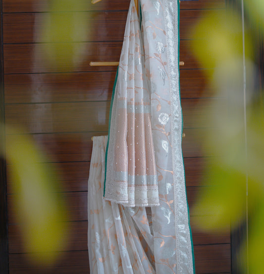 Off White Jaal Saree with Intricate Work