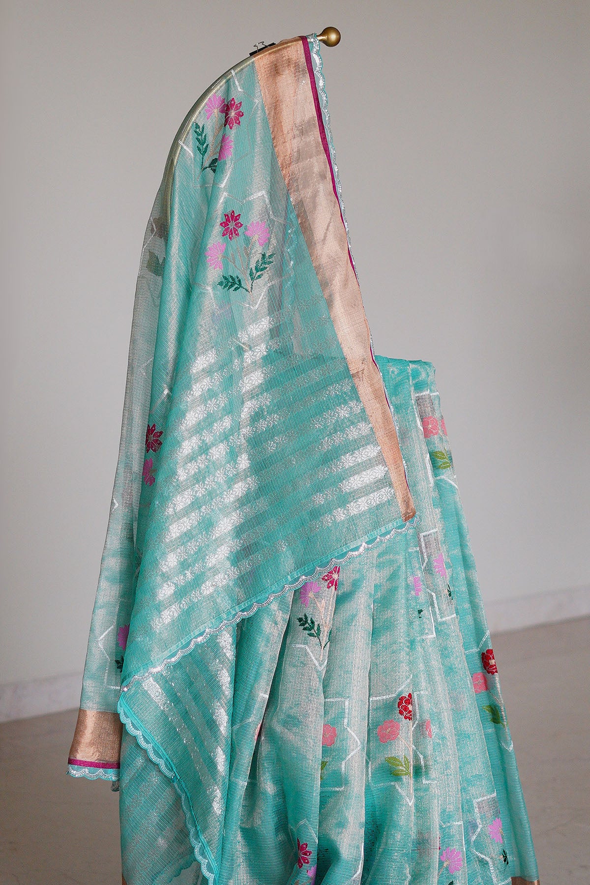 Aqua Blue Single Tissue Saree with Floral Buta
