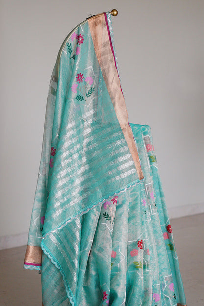 Aqua Blue Single Tissue Saree with Floral Buta