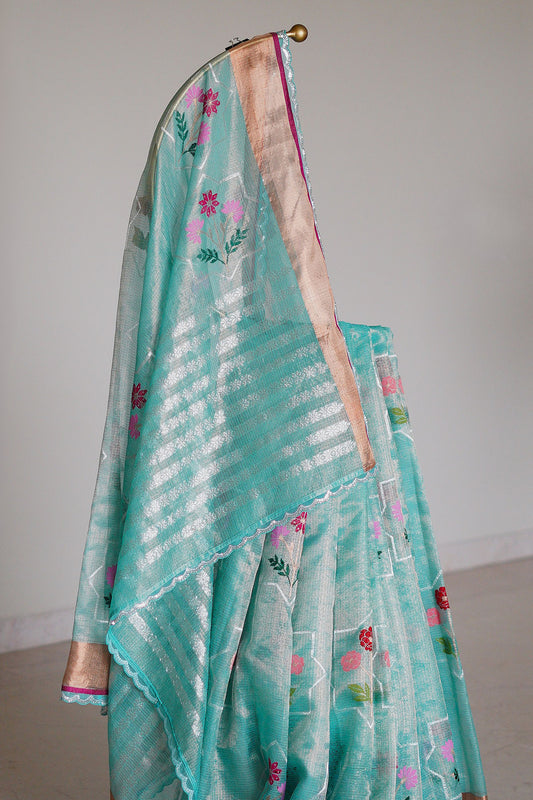 Aqua Blue Single Tissue Saree with Floral Buta