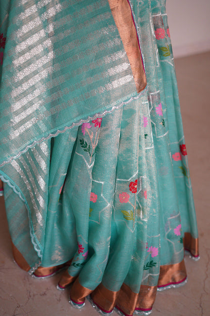 Aqua Blue Single Tissue Saree with Floral Buta