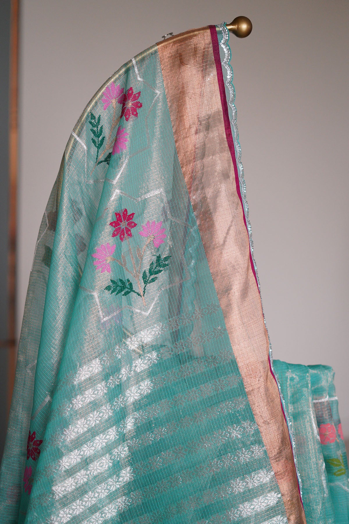 Aqua Blue Single Tissue Saree with Floral Buta