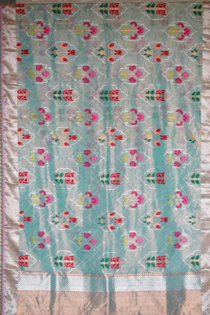 Sea Blue Saree Single Tissue Saree with Floral Mughal Motif and Scallop