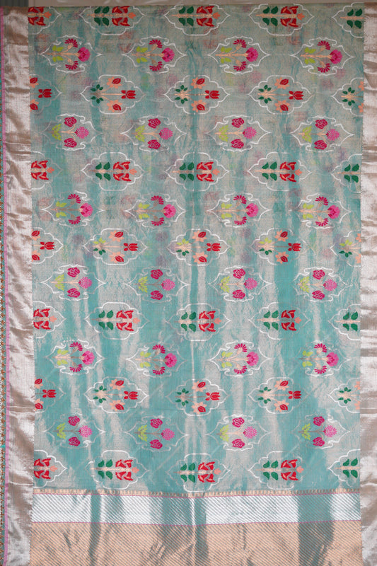 Sea Blue Saree Single Tissue Saree with Floral Mughal Motif and Scallop