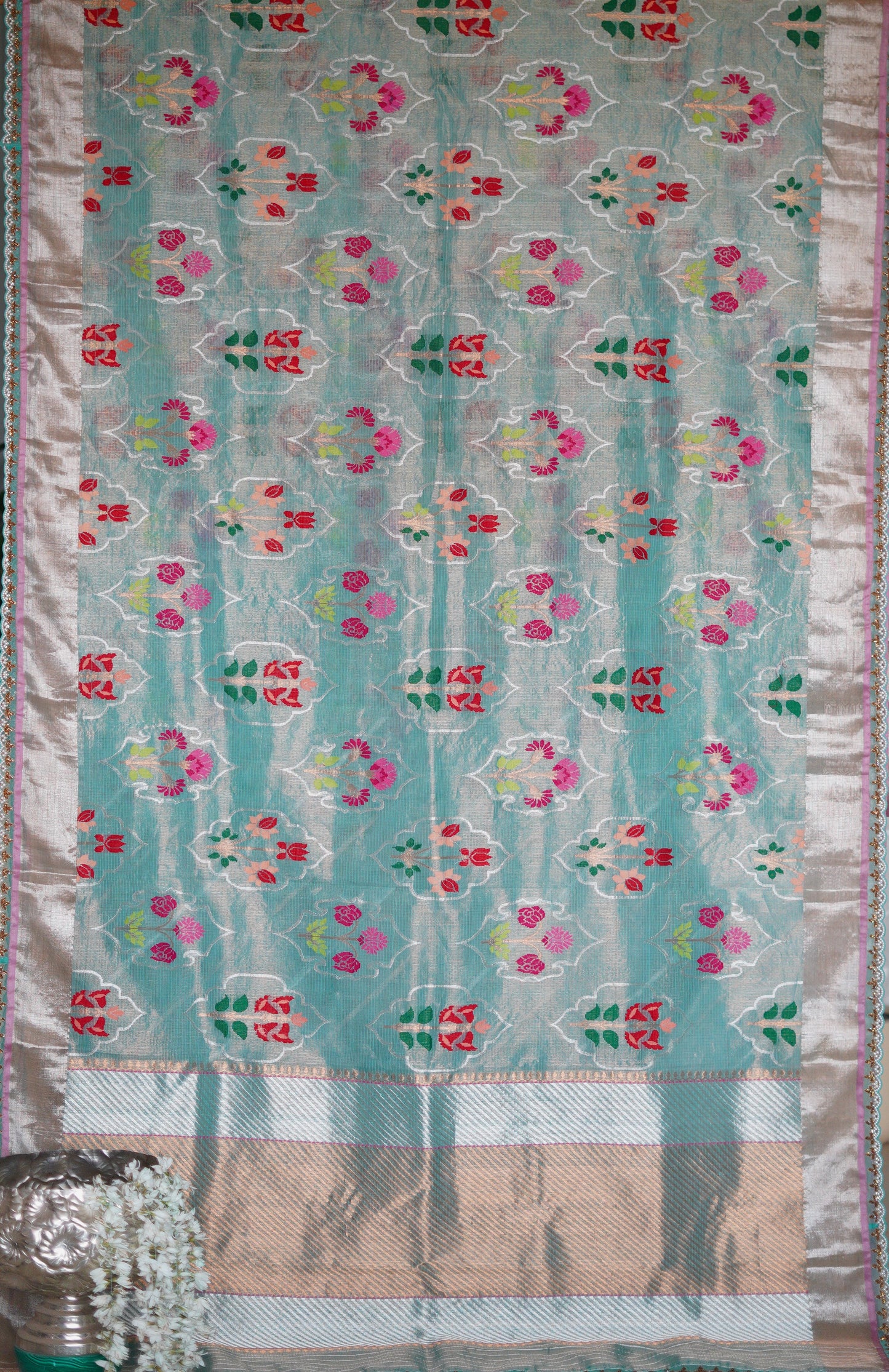 Sea Blue Saree Single Tissue Saree with Floral Mughal Motif and Scallop