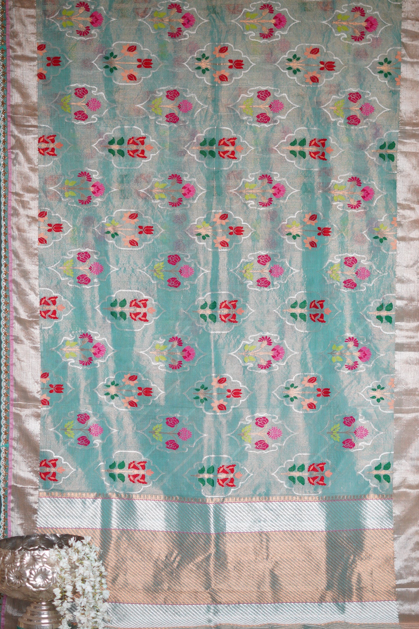 Sea Blue Saree Single Tissue Saree with Floral Mughal Motif and Scallop