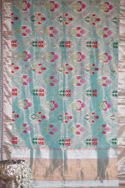 Sea Blue Saree Single Tissue Saree with Floral Mughal Motif and Scallop