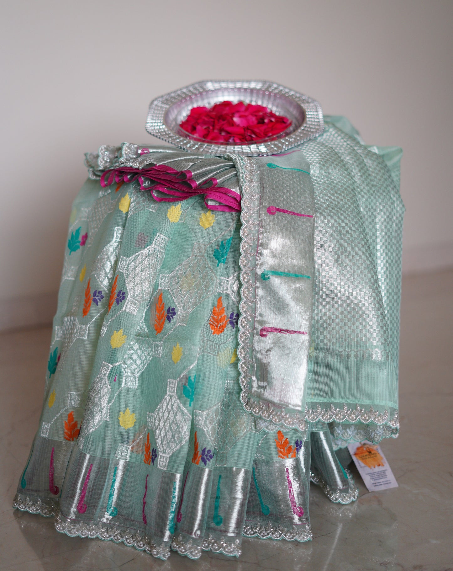 Sea Green Single Tissue Sare with Scallop Border