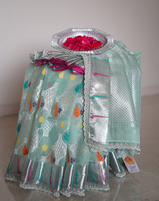 Sea Green Single Tissue Sare with Scallop Border