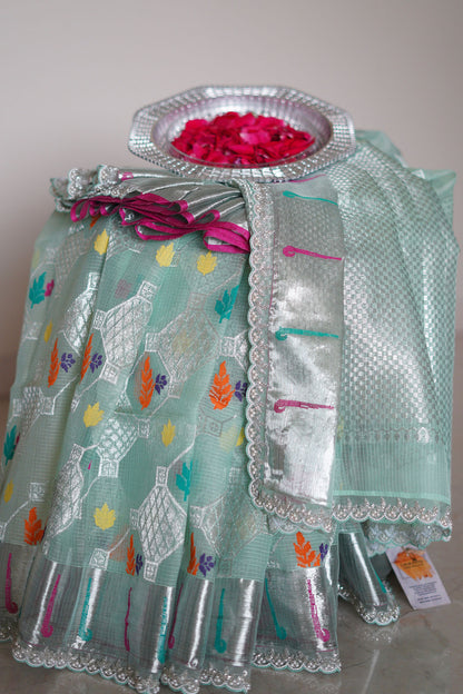 Sea Green Single Tissue Sare with Scallop Border