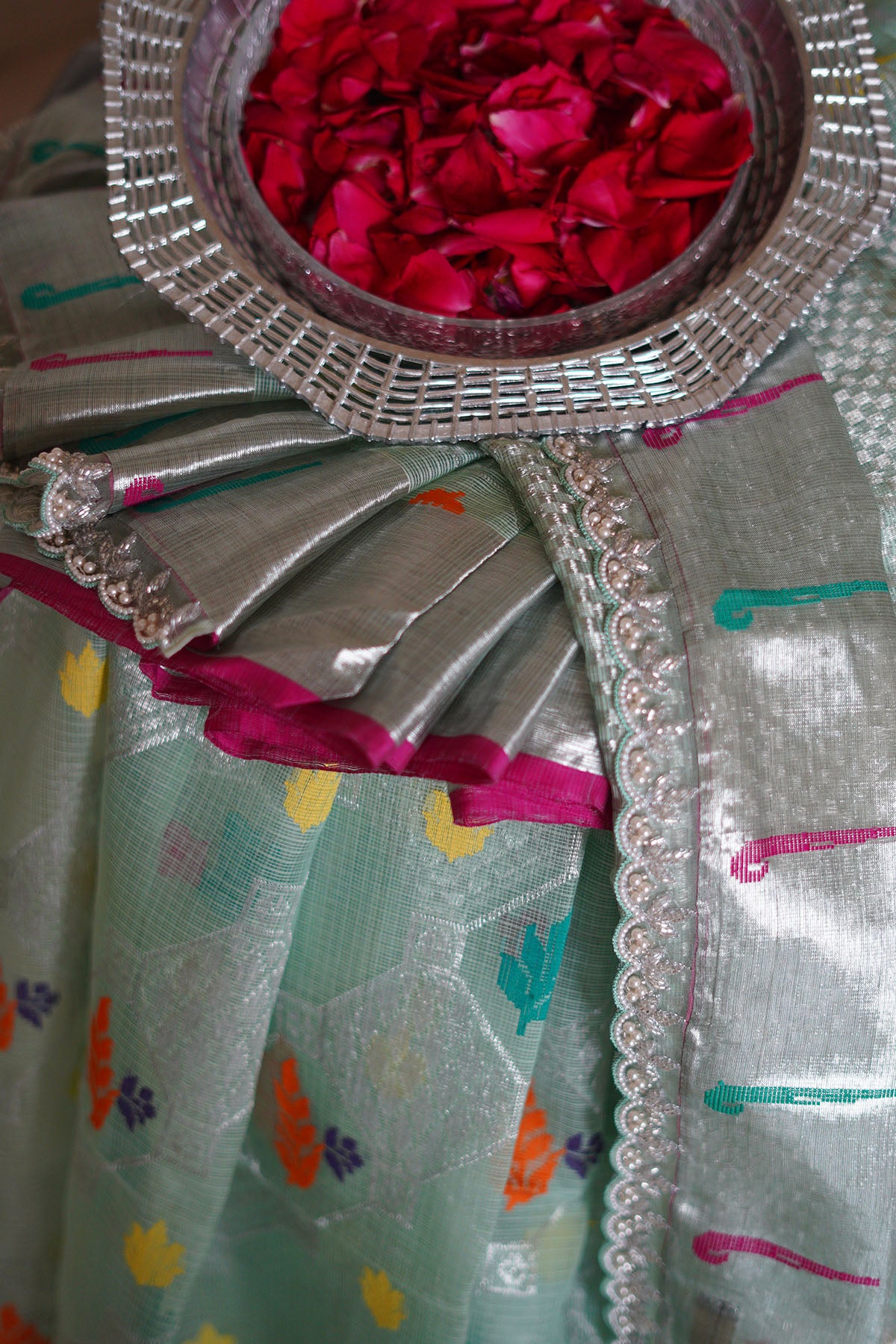 Sea Green Single Tissue Sare with Scallop Border