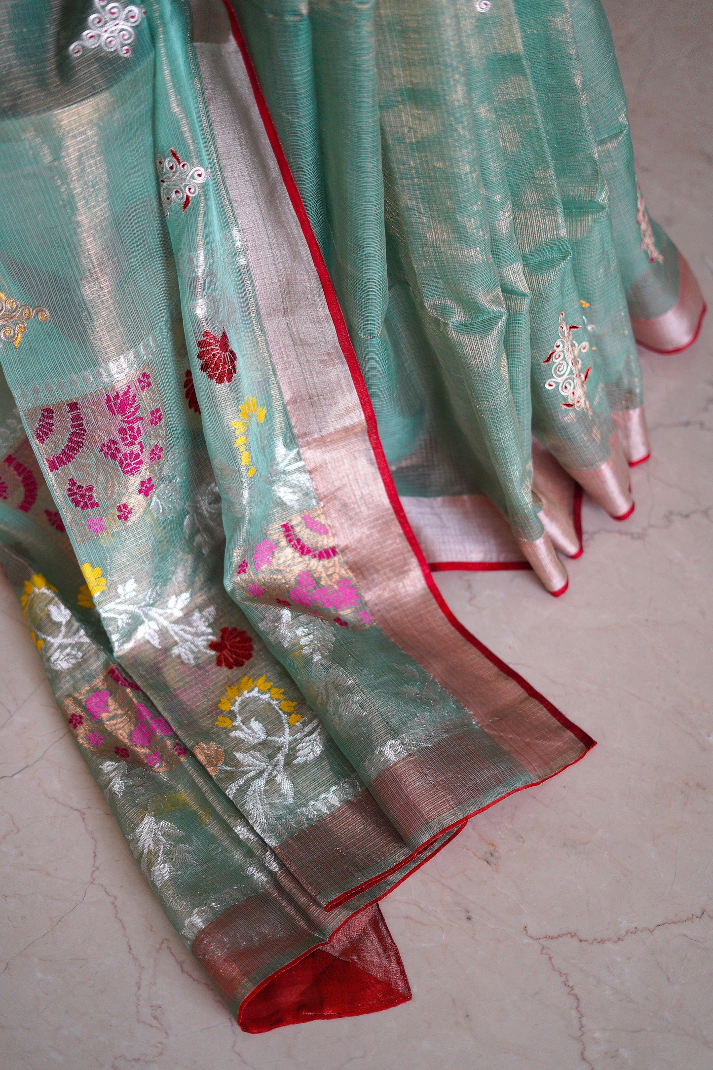 Sea Green Tissue Saree with Dori Handwork