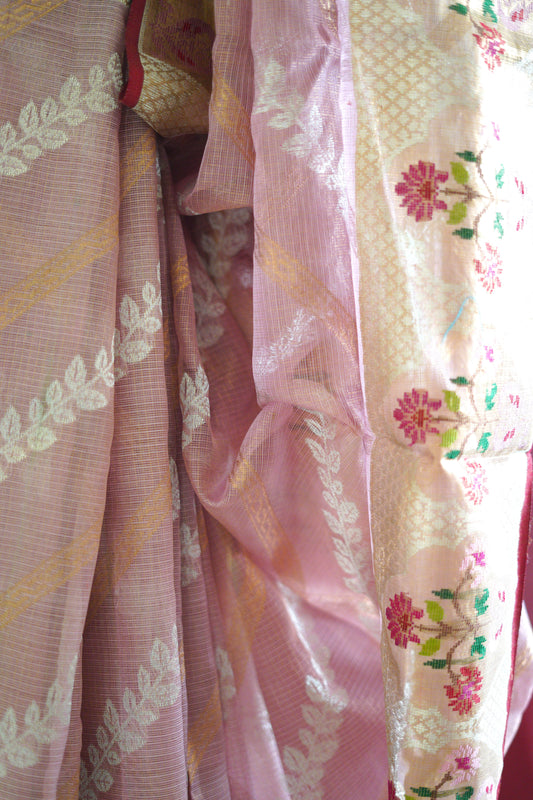 Pink Single Tissue Saree with A Mughal Motif Border