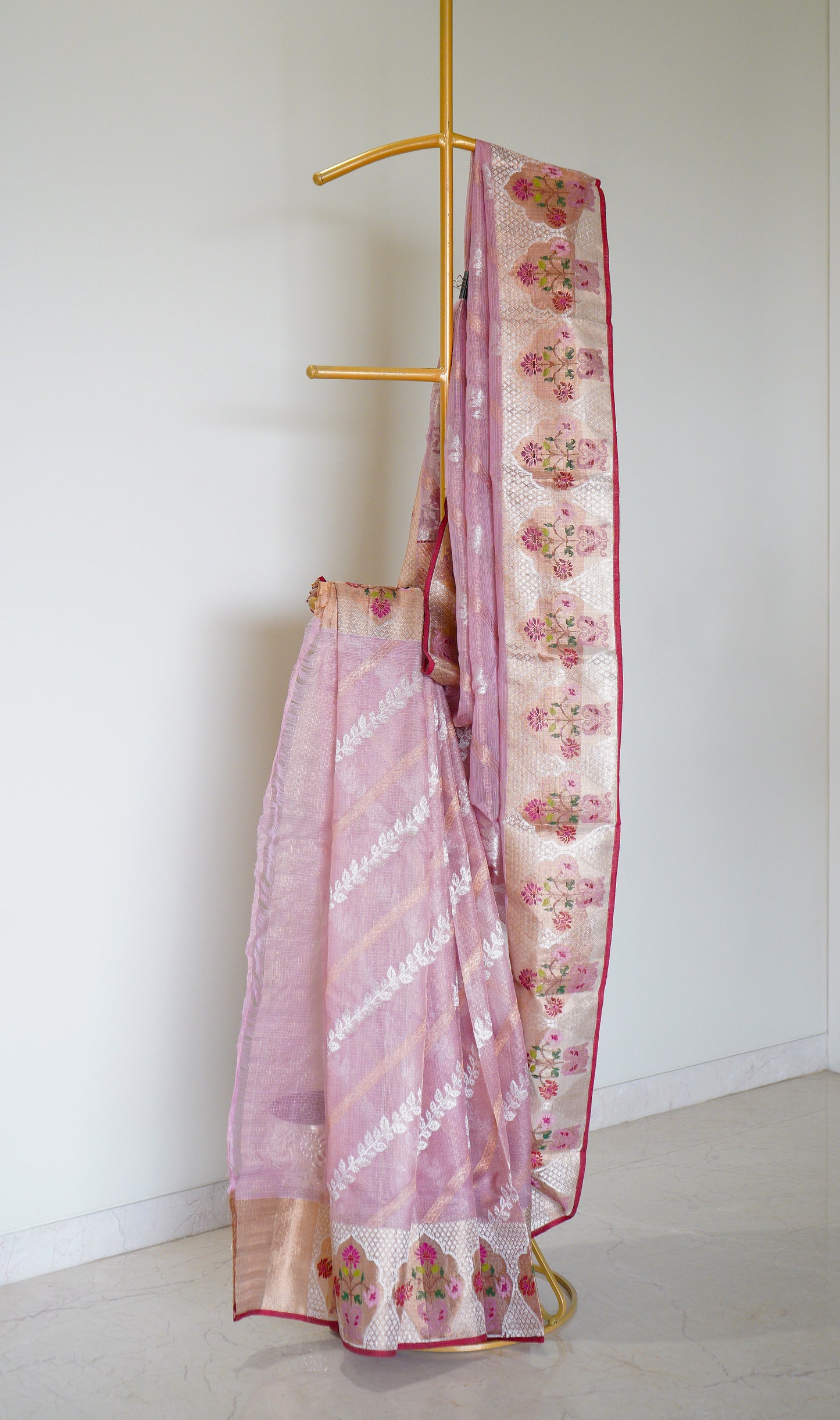 Pink Single Tissue Saree with A Mughal Motif Border