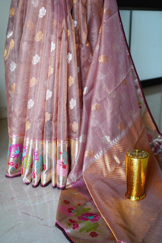 Single Tissue Onion Pink Saree with Floral Border and Butas