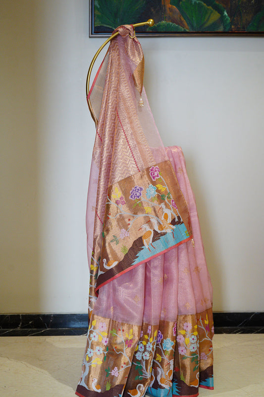 Big Border Peach Saree with Swans and Flowers