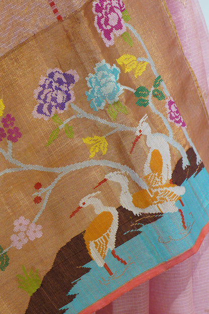 Big Border Peach Saree with Swans and Flowers
