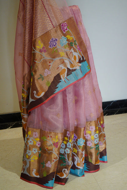 Big Border Peach Saree with Swans and Flowers