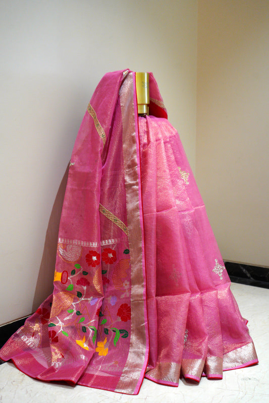 Deep Pink Single Tissue Saree with Dori Work