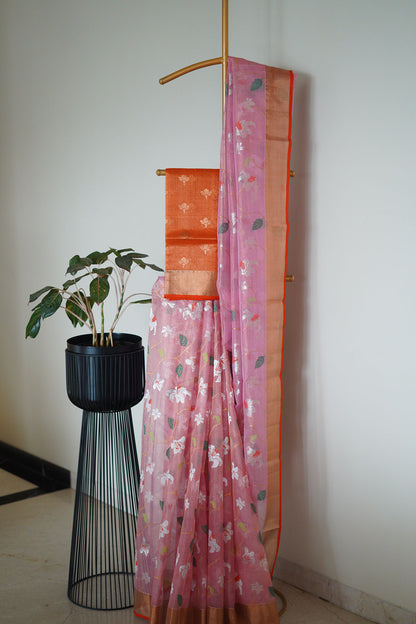 Rose pink single tissue saree in floral with a beautiful orange saree