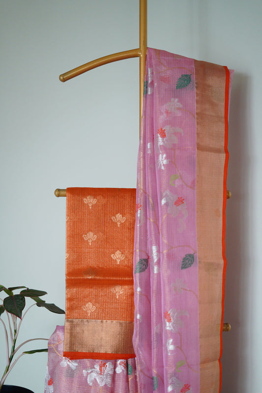 Rose pink single tissue saree in floral with a beautiful orange saree